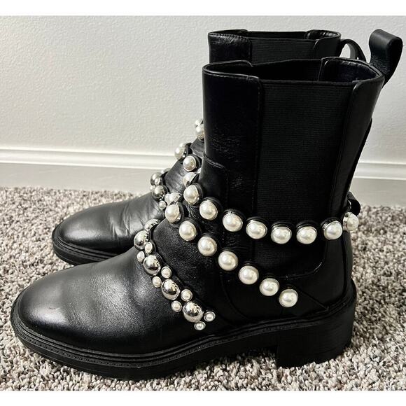 Zara Pearl strap leather heeled ankle boot women's size 37/6 - Picture 2 of 7